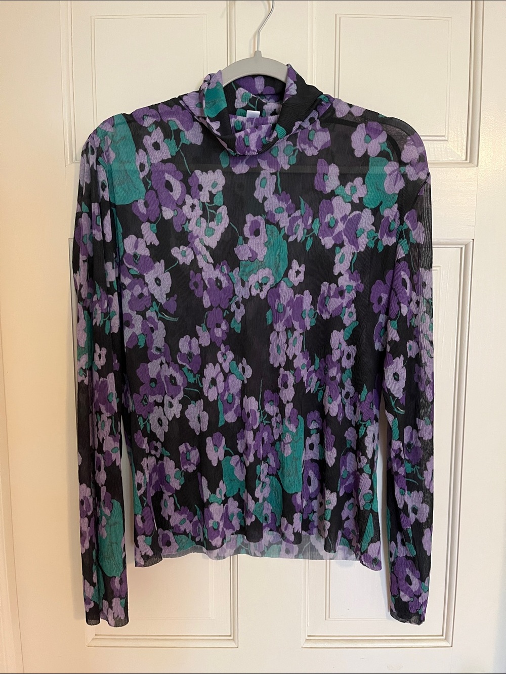 & Other Stories Black Floral Long-Sleeve Mock Neck Top - Purple & Green Floral